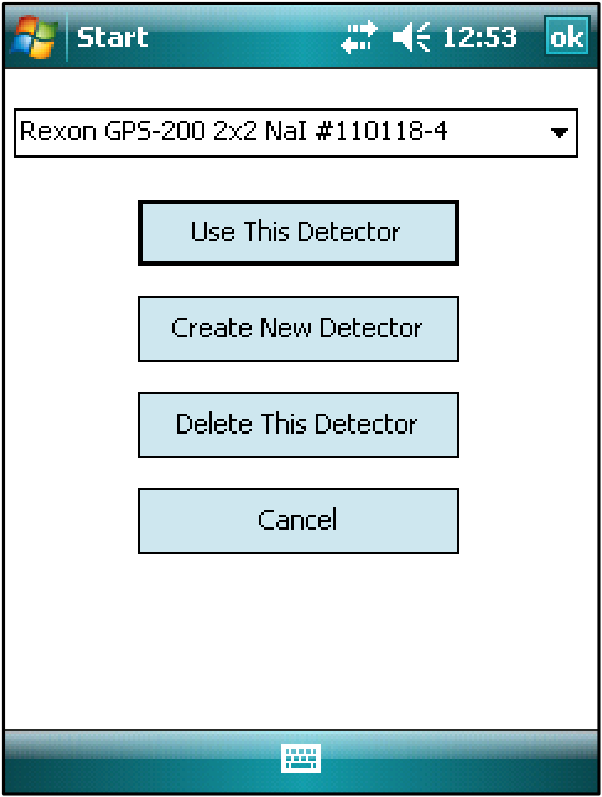 Detector Selection screen listing the detector serial number, with Use This Detector, Create New Detector, Delete This Detector, and Cancel buttons.