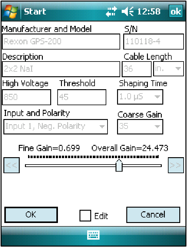 Detector Settings screen showing High Voltage, Threshold, Shaping Time, Coarse Gain, Fine Gain, and overall gain.