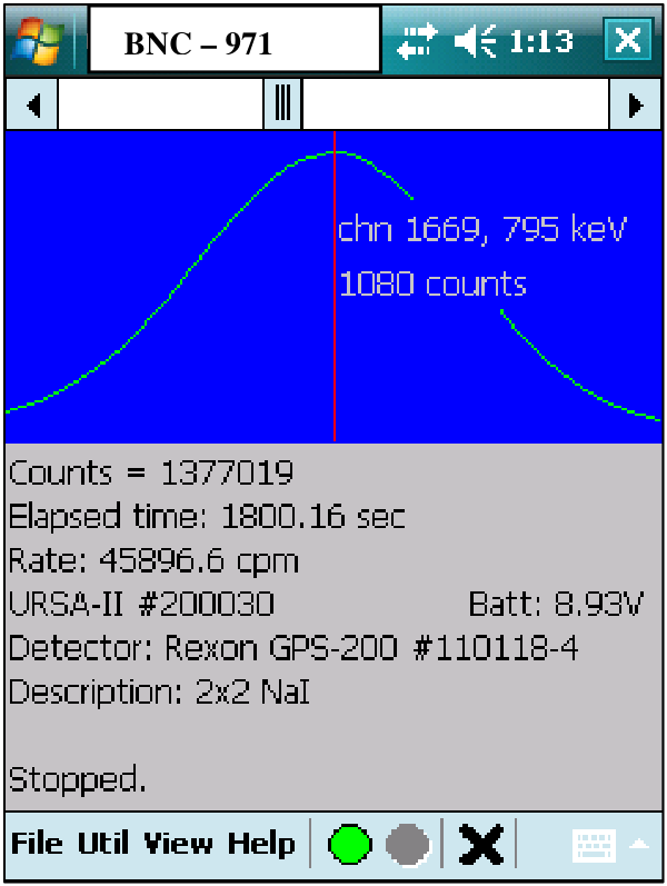 Util menu open, listing Start and Stop Acquisition, Clear Spectrum, Detector Settings, Energy Calibrate, Manual Fine Gain Adjust, the gain stabilization and source check items, Acquire Background, and the background load and unload items.