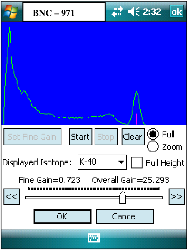 Manual Fine Gain Adjustment screen with the spectrum, a Displayed Isotope dropdown, Full Height option, Set Fine Gain button, and a fine-gain slider.