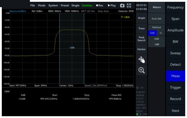 SpecICX-gen3 screenshot: OBW (Occupied Bandwidth).